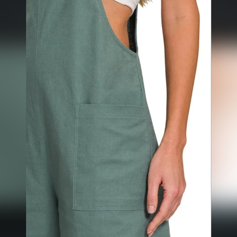 New Dark Olive Knotted Wide Leg Stretch Cotton Overall Jumpsuit - Picture 9 of 11